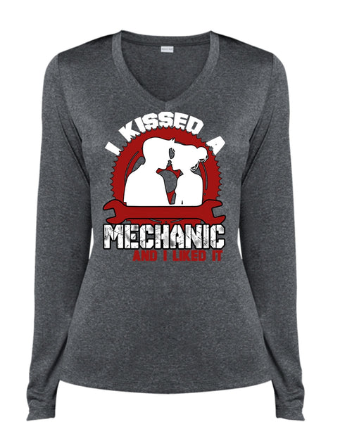 I Kissed Mechanic And I Liked It T Shirt, Being A Mechanic T Shirt, Cool Shirt (Ladies LS Heather V-Neck)