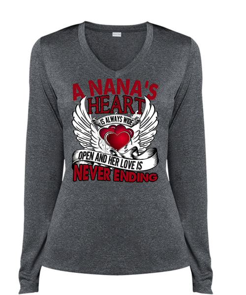 A Nana's Heart Is Always Wide T Shirt, Being A Nana T Shirt, Cool Shirt (Ladies LS Heather V-Neck)