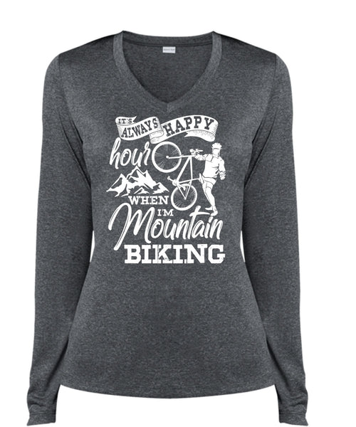 I'm Mountain Biking T Shirt, It's Always Happy Hour T Shirt, Cool Shirt (Ladies LS Heather V-Neck)