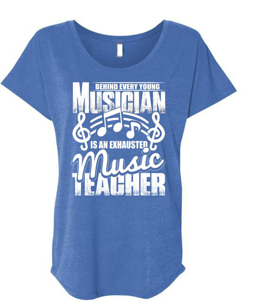 Behind Every Young Musician T Shirt, Music Teacher T Shirt, Cool Shirt (Ladies' Triblend Dolman Sleeve)