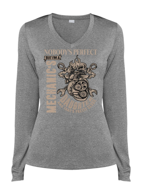 I'm A Mechanic's Daughter T Shirt, Being A Mechanic T Shirt, Cool Shirt (Ladies LS Heather V-Neck)
