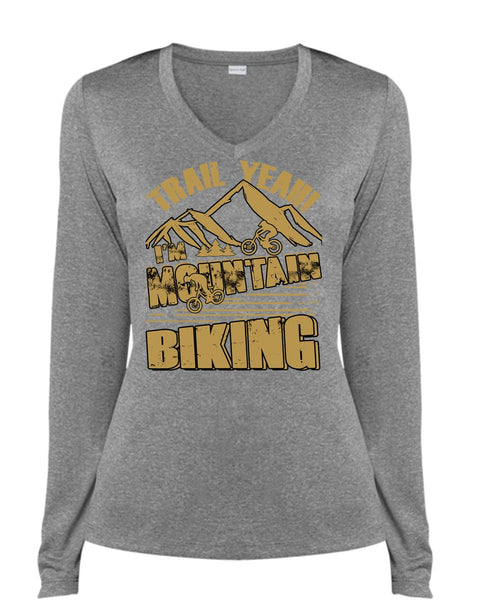 I'm Mountain Biking T Shirt, Being A Biker T Shirt, Cool Shirt (Ladies LS Heather V-Neck)