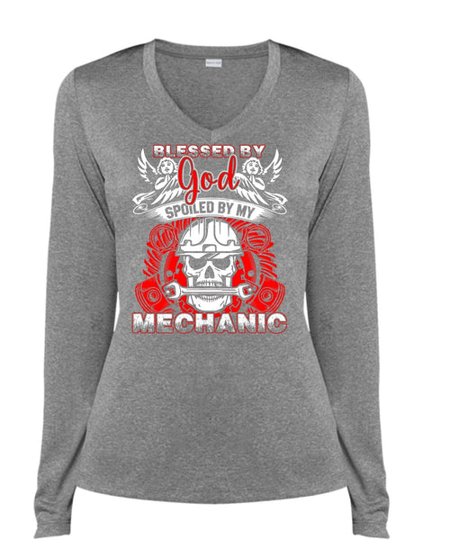 God Spoiled By My Mechanic T Shirt, I Love Mechanic T Shirt, Cool Shirt (Ladies LS Heather V-Neck)