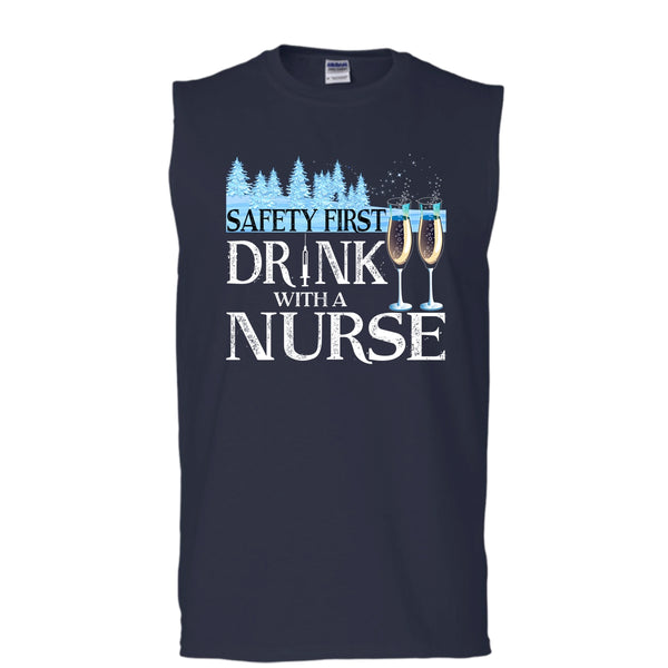 Safety First Drink With A Nurse T Shirt, Nurse Merry Christmas T Shirt, Cool T Shirt (Men's Cotton Sleeveless)