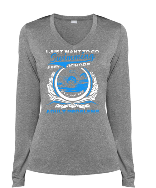 I Just Want To Go Swimming T Shirt, Adult Problems T Shirt, Cool Shirt (Ladies LS Heather V-Neck)