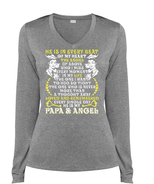 He Is In Every Beat Of My Heart T Shirt, Papa And Angel T Shirt, Cool Shirt (Ladies LS Heather V-Neck)