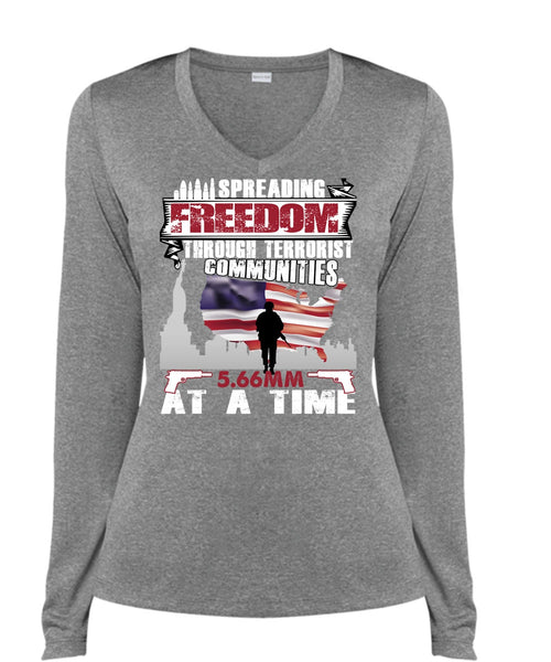 Spreading Freedom T Shirt, Being A Veteran T Shirt, Cool Shirt (Ladies LS Heather V-Neck)