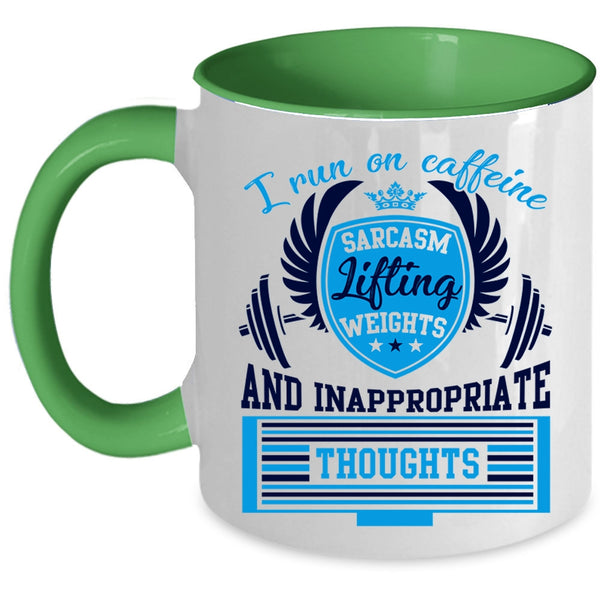 Lifting Weights Coffee Mug, I Run On Caffeine Sarcasm Accent Mug