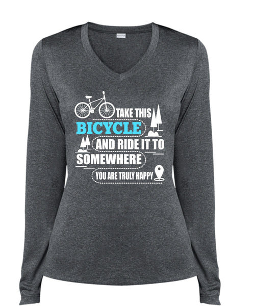Take This Bicycle T Shirt, Being A Biker T Shirt, Cool Shirt (Ladies LS Heather V-Neck)