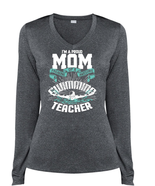 I'm A Proud Mom T Shirt, Awesome Swimming Teacher T Shirt, Cool Shirt (Ladies LS Heather V-Neck)