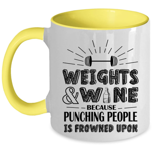 Funny Gift For Wine Drinker Coffee Mug, Weights And Wine Accent Mug