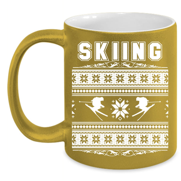 Skiing Coffee Mug, Funny Ugly Christmas Coffee Cup
