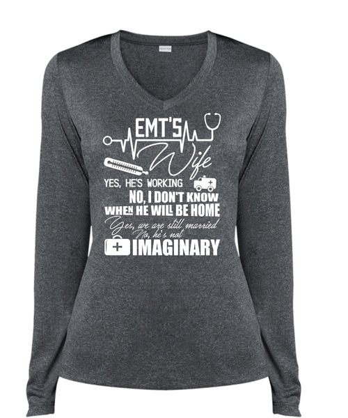 EMT's Wife T Shirt, We Are Still Married T Shirt, Cool Shirt (Ladies LS Heather V-Neck)