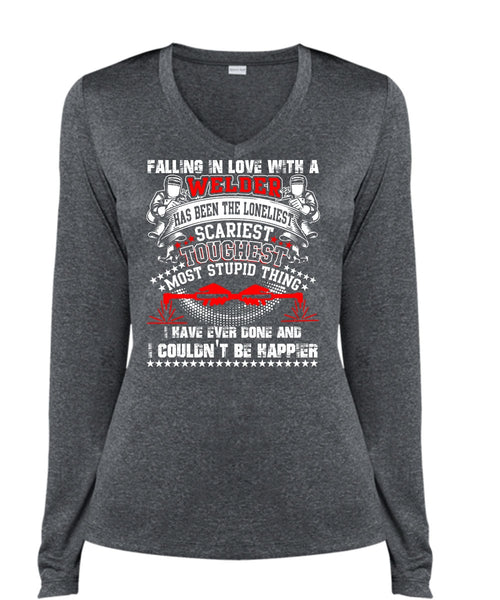 Falling In Love With A Welder T Shirt, I Couldn't Be Happier T Shirt, Cool Shirt (Ladies LS Heather V-Neck)