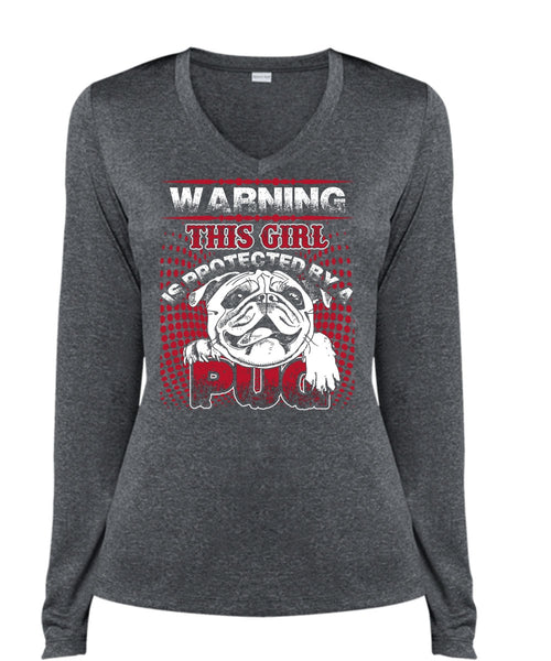 This Girl Is Protected By A Pug T Shirt, My Pets T Shirt, Cool Shirt (Ladies LS Heather V-Neck)