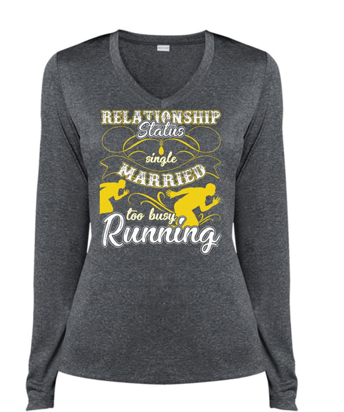 Married Too Busy Running T Shirt, I Love Running T Shirt, Cool Shirt (Ladies LS Heather V-Neck)