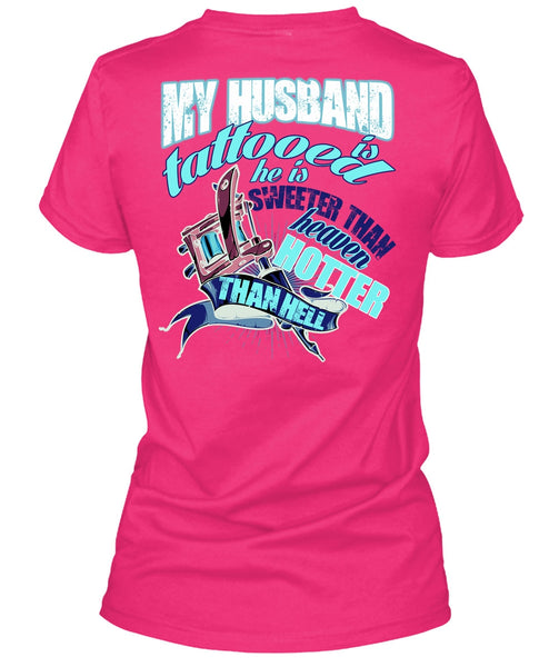 My Husband Is Tattooed T Shirt, He Is Sweeter T Shirt, Cool Shirt (Ladies LS Heather V-Neck)