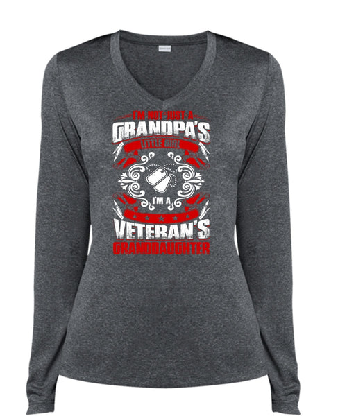 Grandpa's Little Girl T Shirt, I'm A Veteran's Granddaughter T Shirt, Cool Shirt (Ladies LS Heather V-Neck)