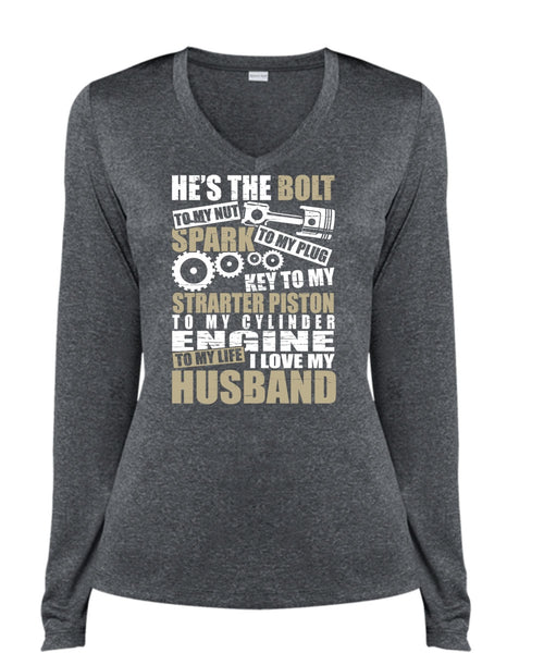 I Love My Husband T Shirt, He's The Bolt T Shirt, Cool Shirt (Ladies LS Heather V-Neck)