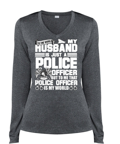 My Husband Is Just A Police Officer T Shirt, Being A Police T Shirt, Cool Shirt (Ladies LS Heather V-Neck)