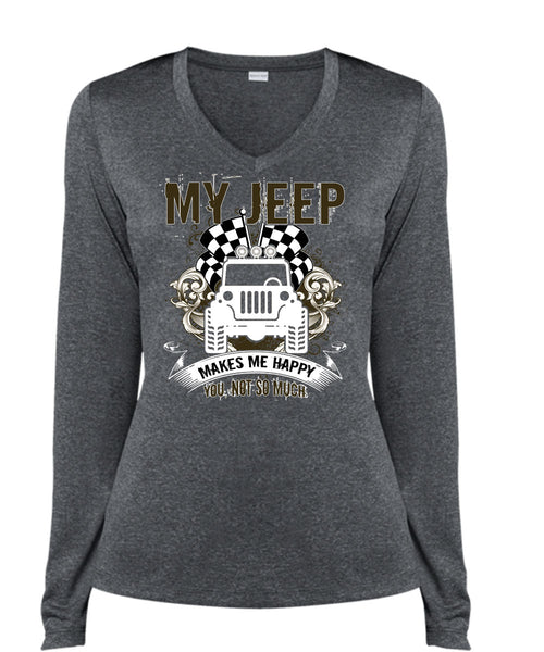My Jeep Makes Me Happy T Shirt, Being A Driver T Shirt, Cool Shirt (Ladies LS Heather V-Neck)