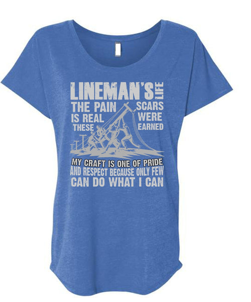 Lineman's Life T Shirt, The Pain Is Real T Shirt, Cool Shirt (Ladies' Triblend Dolman Sleeve)