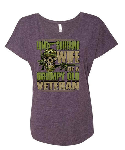 Long Suffering Wife T Shirt, Grumpy Old Veteran T Shirt, Cool Shirt (Ladies' Triblend Dolman Sleeve)