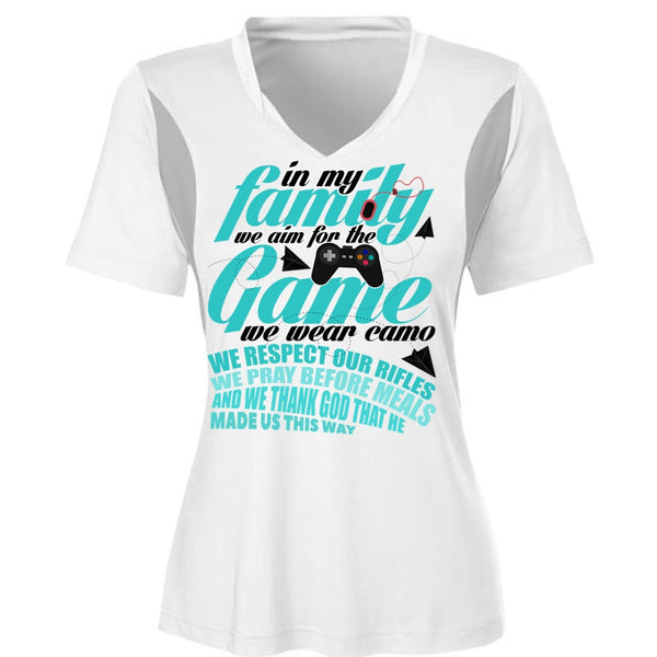 We Aim For The Game T Shirt, In My Family T Shirt, Cool Shirt (Ladies LS Heather V-Neck)