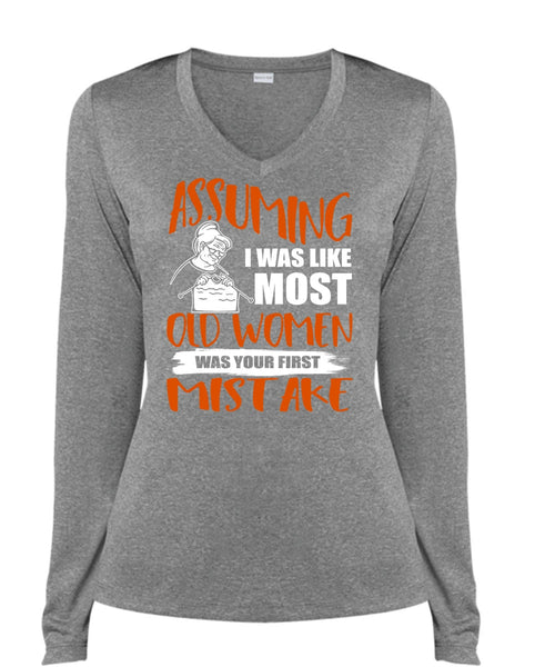 I Was Like Most Old Women T Shirt, Being A Knitter T Shirt, Cool Shirt (Ladies LS Heather V-Neck)