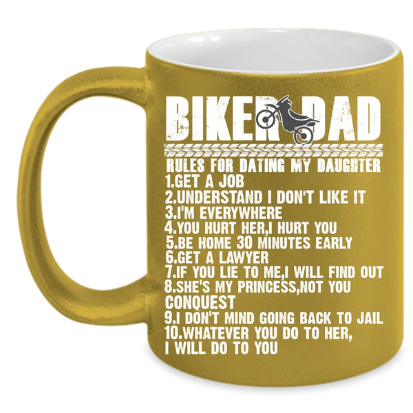 Biker Dad Rules For Dating My Daughter Coffee Mug, Cool Biker Dad Coffee Cup