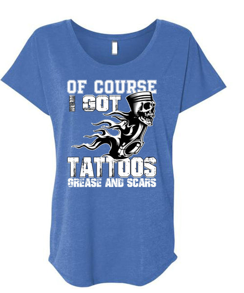 I Got Tattoos Grease T Shirt, I Love Mechanic T Shirt, Cool Shirt (Ladies' Triblend Dolman Sleeve)