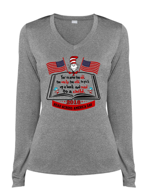 The Cat in the Hat T Shirt, Book And Read T Shirt, Dr. Seuss T Shirt, I Love Reading T Shirt, Cool Shirt (Ladies LS Heather V-Neck)