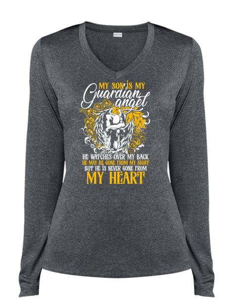 My Son Is My Guardian Angel T Shirt, My Heart T Shirt, Cool Shirt (Ladies LS Heather V-Neck)