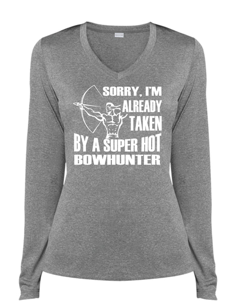 I'm Already Taken By A Hot Bowhunter T Shirt, Sport T Shirt (Ladies LS Heather V-Neck)
