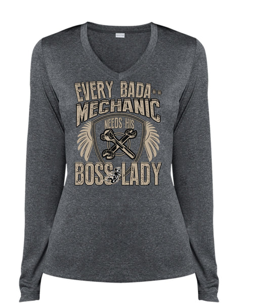 Mechanic Needs His Boss Lady T Shirt, Being A Mechanic T Shirt, Cool Shirt (Ladies LS Heather V-Neck)