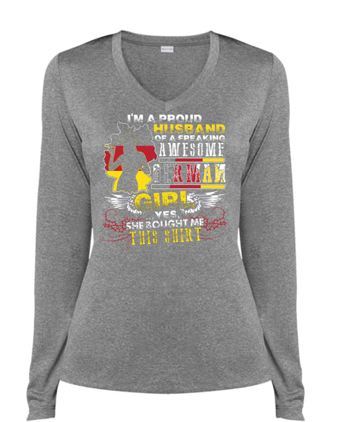I'm A Proud Husband T Shirt, German Girl T Shirt, Cool Shirt (Ladies LS Heather V-Neck)