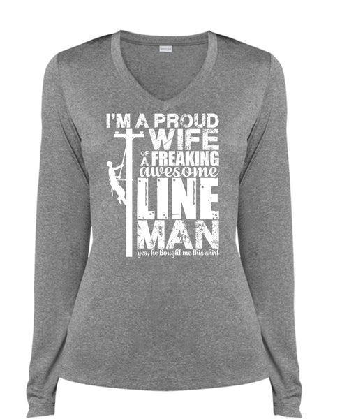 I'm A Proud Wife T Shirt, Awesome Lineman T Shirt, Cool Shirt (Ladies LS Heather V-Neck)