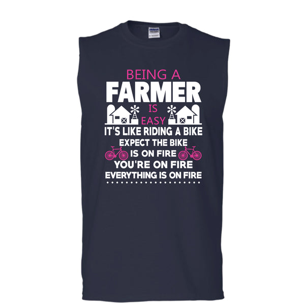 Being A Farmer Is Easy T Shirt, It's Like Riding A Bike T Shirt, Cool T Shirt (Men's Cotton Sleeveless)