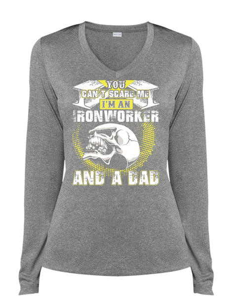 Ironworker And A Dad T Shirt, You Can't Scare Me T Shirt, Cool Shirt (Ladies LS Heather V-Neck)