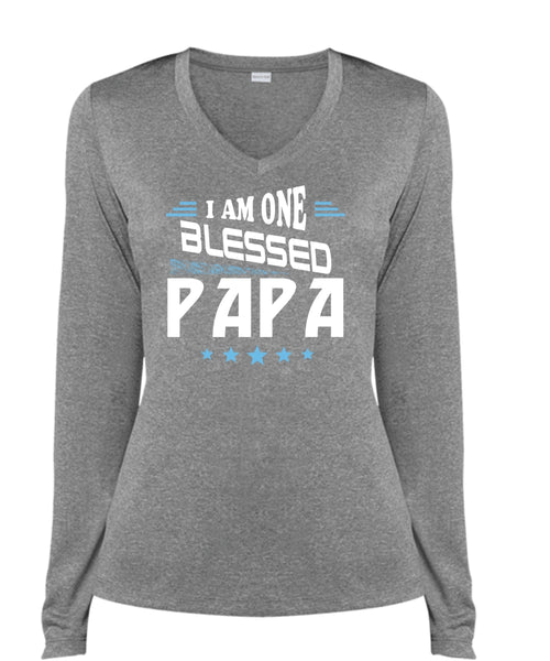 I Am One Blessed Papa T Shirt, Father's Day T Shirt, Being A Papa T Shirt (Ladies LS Heather V-Neck)