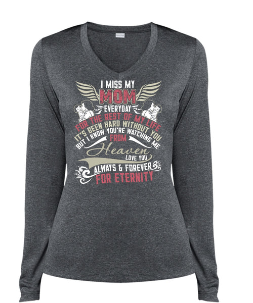 I Miss My Mom T Shirt, Watching Me From Heaven T Shirt, Cool Shirt (Ladies LS Heather V-Neck)