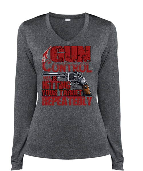 Gun Control Is Hitting T Shirt, Being A Veteran T Shirt, Cool Shirt (Ladies LS Heather V-Neck)
