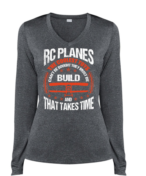 Rc Planes The Coolest Toys T Shirt, They Must Be Build T Shirt, Cool Shirt (Ladies LS Heather V-Neck)