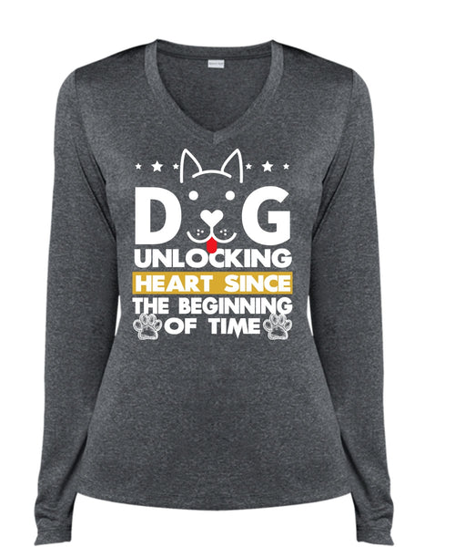 Dog Unlocking Heart T Shirt, My Favorite T Shirt, Cool Shirt (Ladies LS Heather V-Neck)