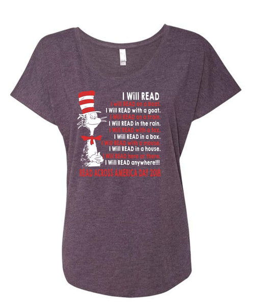 The Cat in the Hat T Shirt, I Will Read With A Mouse T Shirt, I Will Read In A House T Shirt, Cool Shirt (Ladies' Triblend Dolman Sleeve)