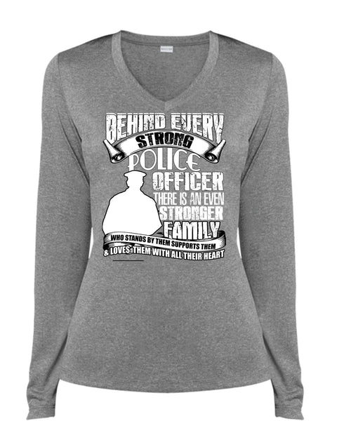 Strong Police Officer T Shirt, Stronger Family T Shirt, Cool Shirt (Ladies LS Heather V-Neck)
