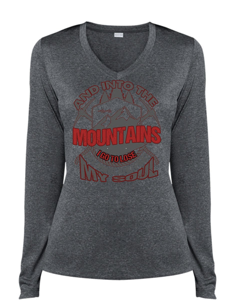 And Into The Mountains T Shirt, Being A Hiker T Shirt, Cool Shirt (Ladies LS Heather V-Neck)