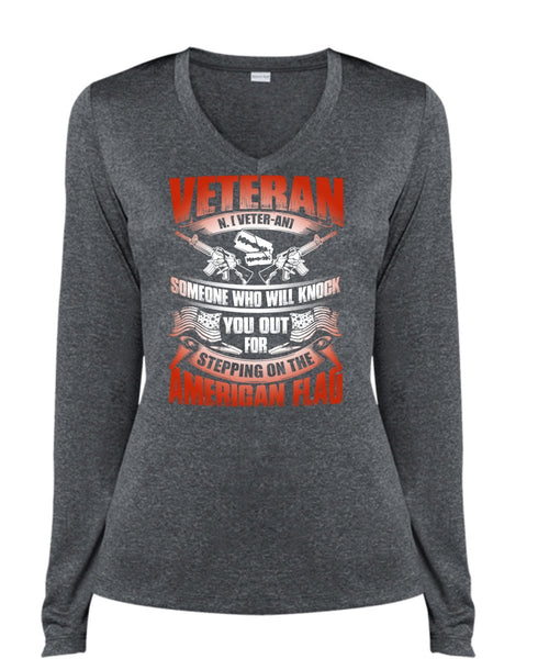 Veteran Who Will Knock You Out T Shirt, American Flag T Shirt, Cool Shirt (Ladies LS Heather V-Neck)