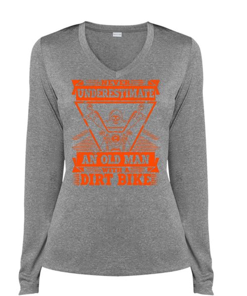 Old Man With A Dirt Bike T Shirt, Being A Biker T Shirt, Cool Shirt (Ladies LS Heather V-Neck)