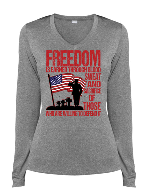 Freedom Is Earned T Shirt, Being A Veteran T Shirt, Cool Shirt (Ladies LS Heather V-Neck)